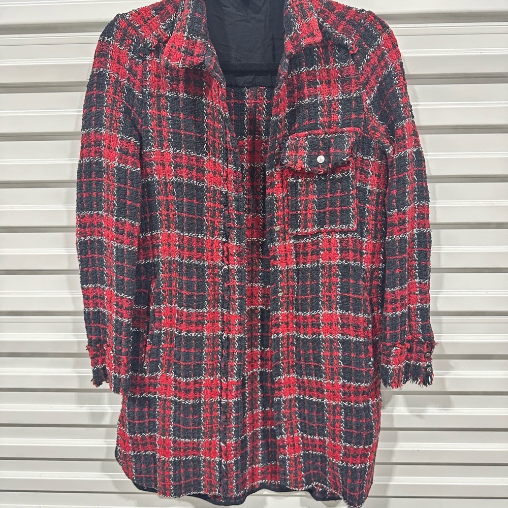 TRF Outerwear Red and Black Plaid Tweed Jacket